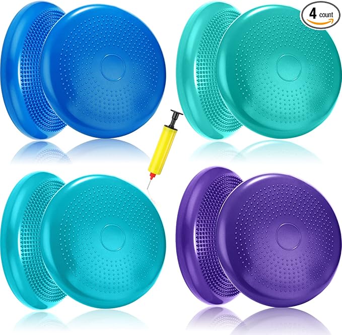 Sotiff 4 Pcs Inflated Wobble Cushion Wiggle Seat for Sensory Kids Flexible Seat for Classroom Wobble Disc with Inflation Pump Stability Balance Board for Adult Physical Therapy Exercise