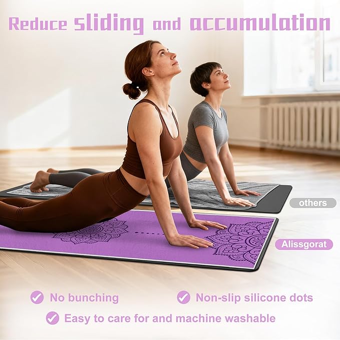 Yoga Towel, Absorbent Yoga Mat Towel for Hot Yoga Non Slip, Stylish Prints, Ideal for Workouts, Hot Yoga, Bikram, Pilates Equipment,72 x 27 in,Purple Mandala