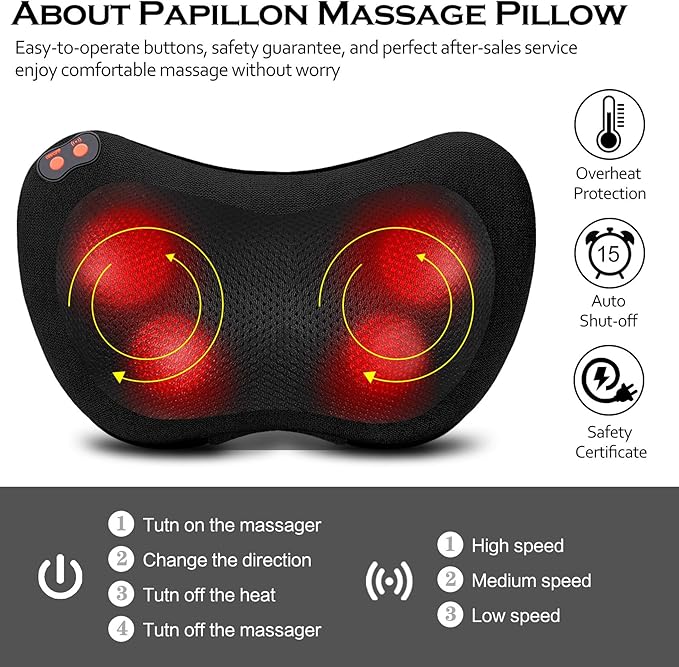 Papillon Back Massager with Heat,Shiatsu Neck Massager Pillow for Back,Neck,Shoulder,Foot & Lower Back Pain Relief,Electric Kneading Massager, Gifts for Women/Men/Dad/Mom/Fathers Day/Mothers Day