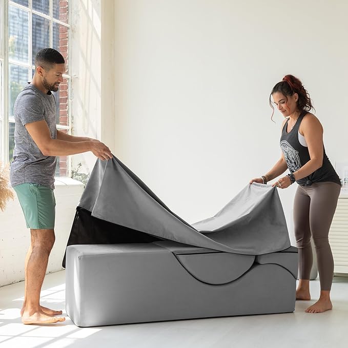 Avana Kami Convertible Chaise/Bed Bench for Yoga & Massage - 2-in-1 End of Bed Ottoman with Concealed Fold Out Yoga Lounge Chair, 22" Wide Microvelvet Grey