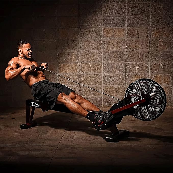 Stamina X Air Rower - Rower Machine with Smart Workout App - Rowing Machine with Air Resistance for Home Gym Fitness - Up to 250 lbs Weight Capacity - Black/Red