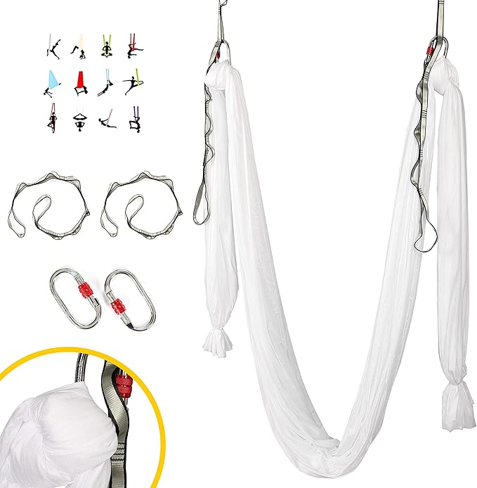 Kojem Aerial Silk Fabric Yoga Swing Kit For Fitness Yoga Inversions Flexibility Core Strength Dance White Nylon Fabric 6.6/13.1 Yards