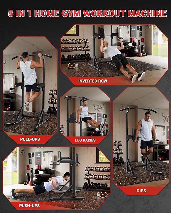 Power Tower, Heavy Duty Pull Up Bar 450LB Capacity, Multi-Functional Dip Station Adjustable Height, Strength Training Equipment Full Body for Home Gym, Pull-Ups, Dips & Leg Raises, Carbon Steel