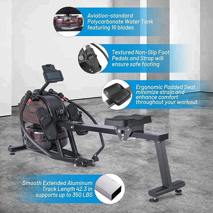 380 LBS Home Water Rowing Machine,Digital Monitor Tracks Workout Data, Ergonomic Seat Ensures Comfort,App-Enabled for Guided Training
