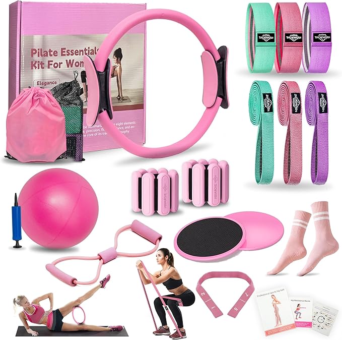 Pilates Essentials Kit for Home Women, Pilates Equipment for Workouts, 6 Fabric Resistance Bands, 12 Inch Magic Circle Yoga Ring, Mini Exercise Ball, Great Exercise Accessories