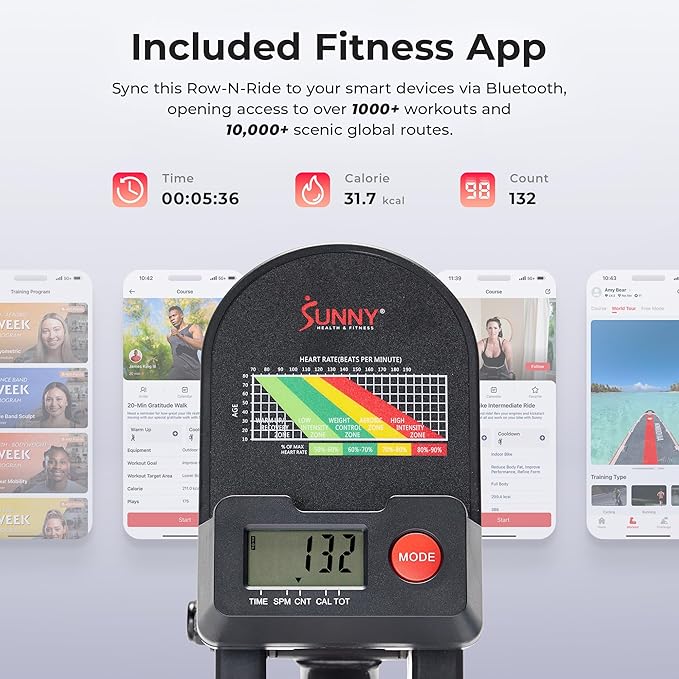 Sunny Health & Fitness Full-Motion Rowing Machine w/Adjustable Resistance, Low-Impact Full-Body Workout Rower w/Long Slide Rail, Space-Saving Design, Free SunnyFit App Connection