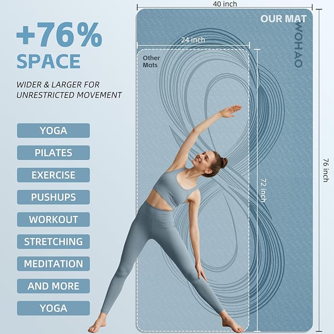 Large 76"x40"x0.4" Yoga Mat - Extra Width & Thick Non-Slip Exercise Mat, Versatile for Stretching, Yoga Studio, Gym, Home & Indoor/Outdoor Workouts