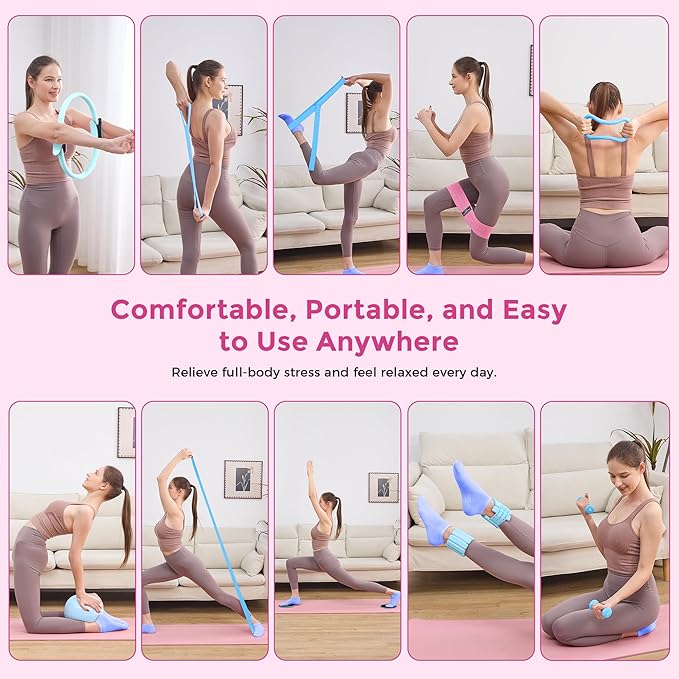 Home Pilates Kit Pilates Equipment Set, Better Yoga Pilates Essentials Kit for Women with 14.5" Pilates Ring, Ball, Resistance Bands, Ankle Weights, Dumbbells, Sliders, Stretch Band, Yoga Strap Socks
