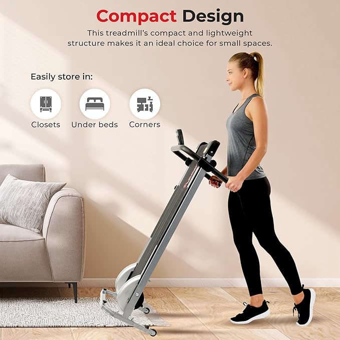Sunny Health & Fitness Walking Pad Treadmill with Handle, Manual Compact Foldable Design Walking Running Non-Slip Surface Treadmill with Fixed Incline, LCD Monitor, Bluetooth Optional