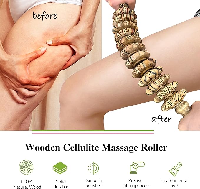 Wooden Curved Handheld Roller Massager Stick- 12 Rollers Wood Therapy Tool for Trigger Point, Fascia & Cellulite Reduction, Lymphatic Drainage, Muscle Tension Relief & Body Shaping (Wood Grain)