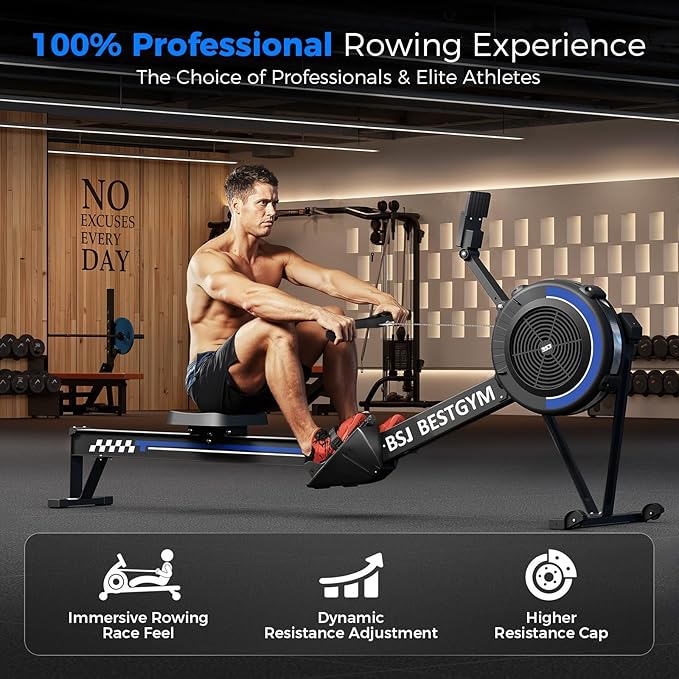 Rowing Machines for Home, Adjustable Air Resistance Rower Machine with Extra Long Rail, Ergonomic Comfort Seat, Device Holder, Easy Storage