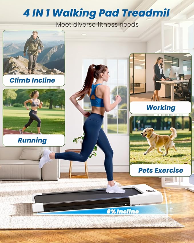 DeerRun Under Desk Walking Pad Treadmill with 6% Manual Incline, 0.6-3.8 MPH Walking Speed, 2.5 HP, 300 lb Capacity, App & Remote Control, for Home Office & Small Spaces