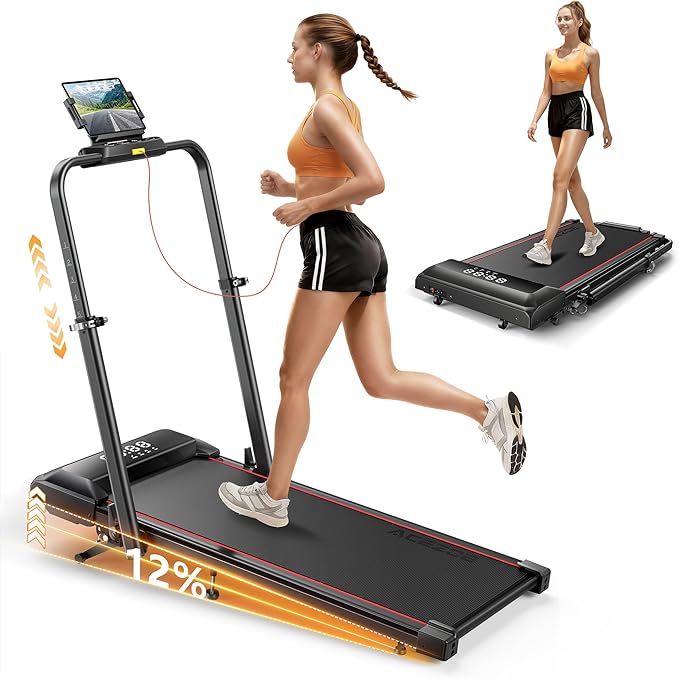 Walking Pad with 12% Incline & Height-Adjustable Handlebar, 5-in-1 Foldable Treadmill for Home & Office, Portable Under Desk Treadmill with LED Display & App Control