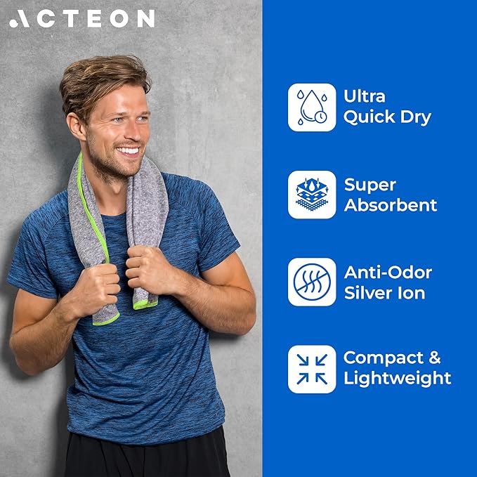 Acteon Microfiber Gym Towels 5 Pack, Quick Dry Silver ION Odor-Free Sweat Towel, Super Absorbent Fast Drying for Men & Women, Workout, Yoga, Running, Hiking, Travel – 16x30.5 Inch