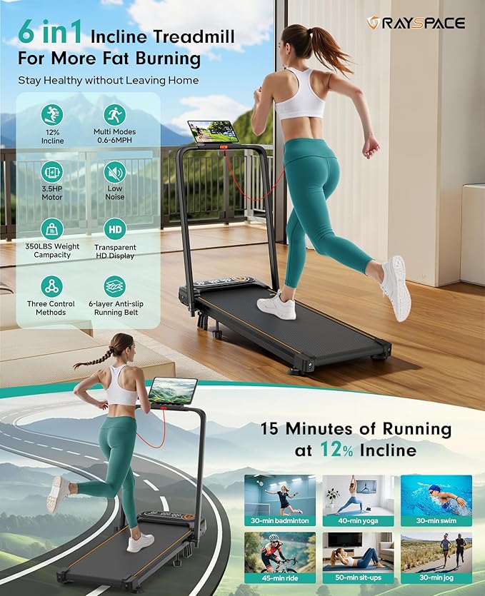 Folding Walking Pad with 15% Incline/RGB Light/Dual Screen Display, 3.5HP Treadmills for Home, Portable Walking Pad Treadmill with Handle Bar and 4 Adjustable Incline, 350lbs Capacity, Smart App