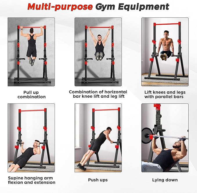 DlandHome Foldable Power Tower Pull Up Bar Dip Station, Adjustable Height Multifunction Workout Pull Up Tower Station for Home Gym, Strength Training Equipment, Triangular Legs, Up to 330lbs