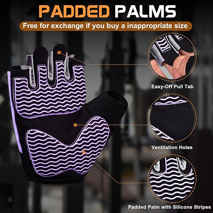 Workout Gloves for Women - Breathable Weight Lifting Gloves with Non-Slip Silicone Padding, Fingerless Gym Gloves for Cycling, Rowing, Pull Ups & Training (4 Sizes)