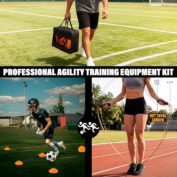 Soccer Agility Training Equipment Set, 20ft Speed Ladder, 12 Soccer Cones, 4 Hurdles, Running Parachute, Jump Rope, Basketball Football Soccer Training Equipment