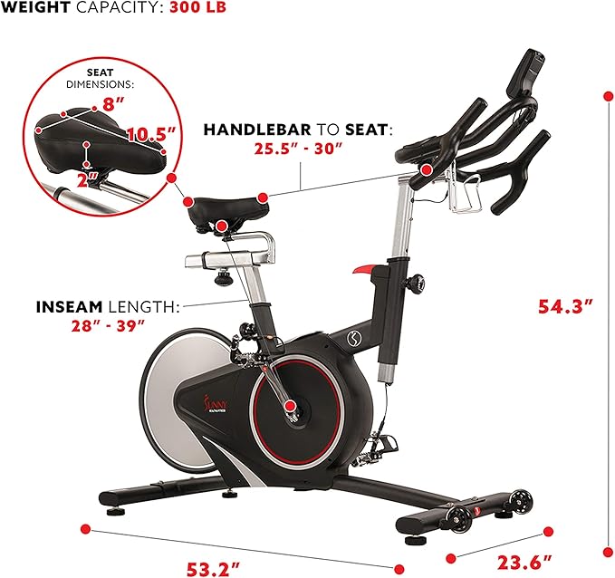 Sunny Health & Fitness Indoor Intensive Cycling Exercise Bike, Adjustable Cardio Training Exerciser w/Emergency Brake for Home, Optional Free SunnyFit App Bluetooth Link + Electromagnetic Resistance