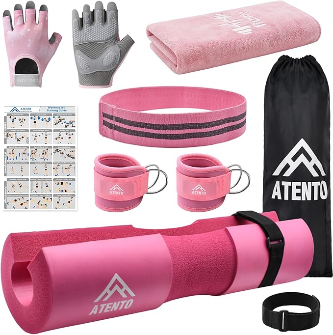 ATENTO 10Pcs Barbell Pad Set with Weight Lifting Belt, Thick Cushion Hip Thrust Pad for Bench Press, Lunges, Workout, Leg Exercise, Squat Bar Pad for Relief Pressure from Neck & Shoulder for Smith machine & Olympic Bars, with 2 Gym Ankle Straps, Hip Re...