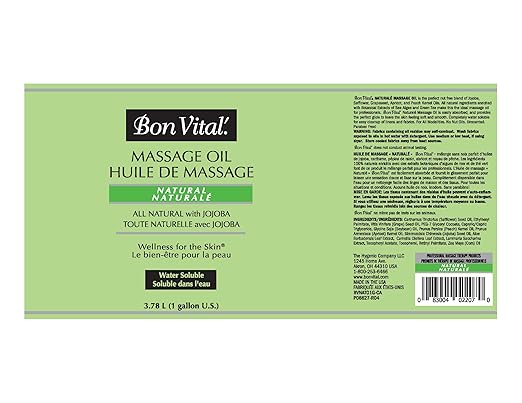 Bon Vital Naturale Massage Oil Made with Natural Ingredients for an Earth-Friendly Massage, Revives and Rehydrates Dry Skin Naturally, with Green Tea Extract, 1 Gal, Label may Vary