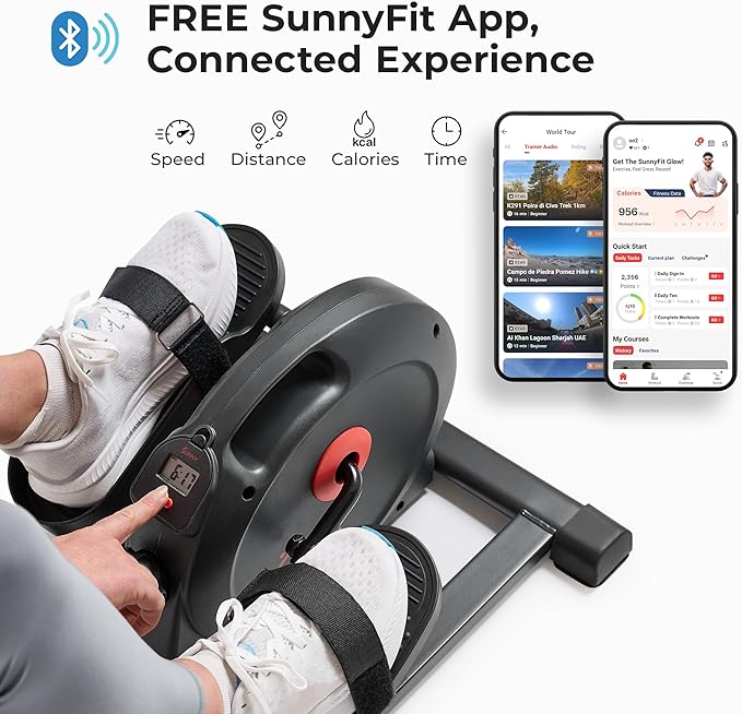 Sunny Health & Fitness Under Desk Pedal Elliptical Machine, Adjustable Resistance Leg Exerciser Home Workout While Sitting for Seniors, Optional Motorize or in Pink with SunnyFit App via Bluetooth