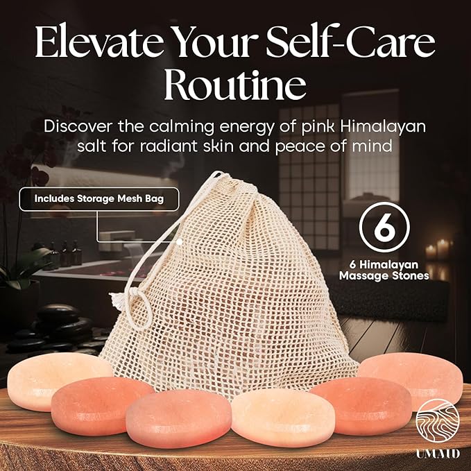 UMAID Himalayan Salt Massage Stones 6-Pack with Cotton Mesh Bag Hand-Carved Pink Crystal Spa Stones for Relaxation, Self-Care & Holiday Gifting