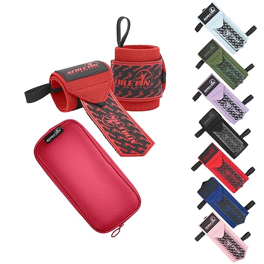 Professional Wrist Wraps, Heavy-Duty Support with Thumb Loop 18 Inch Pair for Powerlifting, Bodybuilding, Cross Training - Mesh carry pouch included (Red)