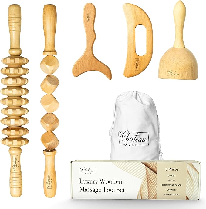Château Avant 5Pcs Lymphatic Drainage Massager Cellulite Massage Tool – Luxury Wood Therapy Massage Tools Cupping Therapy Set Includes Cupper, Rollers, Contouring Board, Scraper – Tool Kit for Home
