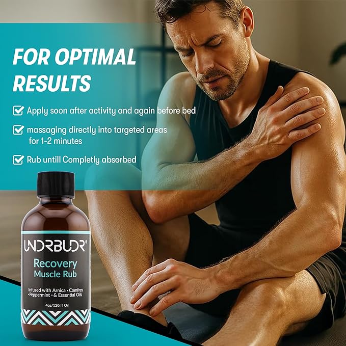 Post-Activity Recovery Muscle Rub Oil with Arnica, Comfrey & Essential Oils–4oz for Muscle Soreness, Back Pain, Joint Discomfort & Post-Workout Recovery, Natural Formula for Active Lifestyles