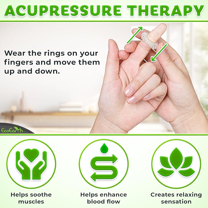 EcoEarth Finger & Hand Massager Set - 1 Dual-Sided Massage Roller, 6 Finger Massage Rings - Deep Tissue Comfort & Acupressure Therapy Tools for Arthritis, Carpal Tunnel, Stress & Pain Relief