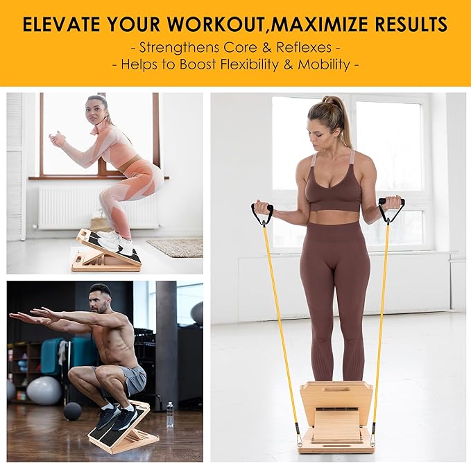 Wooden Slant Board for Calf Stretching, Adjustable Portable Incline Board with 10 - pound Pull Rope, Comes with Training Poster, 300 Lbs Weight Capacity for Leg, Knees and Ankle Stretching