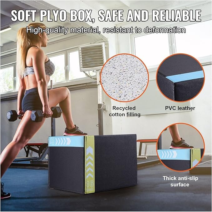 Plyometric Jump Box 3-in-1, 20/18/16 Inch - Cotton Plyo Box for Fitness, Agility & Strength Training - Step Up Platform - Home Gym Equipment - Black