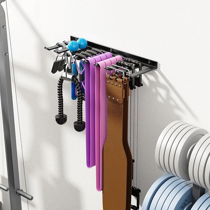 Wall Mounted Home Gym Equipment Storage Rack for Resistance Bands, Cable Attachments, Lifting Belts, Jump Ropes and Chains