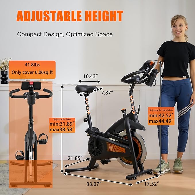 Exercise Bike, Wool Felt Brake Pad Stationary Bike - Quiet Belt Drive Indoor Cycling Bike for Home Cardio, Adjustable Handlebar & Extra Soft Seat, Digital LED Monitor with 300lb Weight Capacity