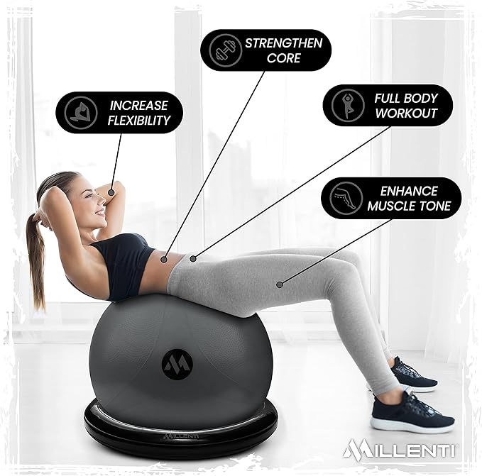 Millenti Exercise Ball Chair 65cm - Yoga Ball Chair Stability Base Ring Kit & Fitness Resistance Bands For Home, Gym Bundle, Pilates Ball, Office Chair, Birthing Ball For Pregnancy - With Workout Chart