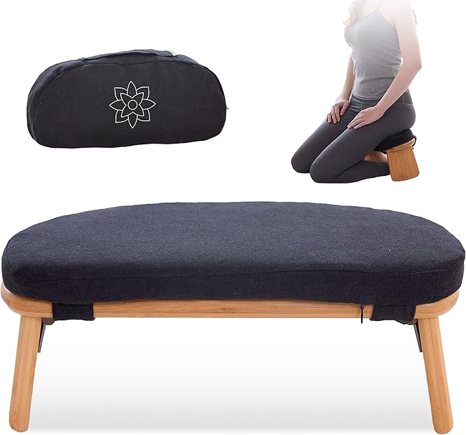 Mindful Modern Folding Meditation Bench - Bamboo Kneeling Stool w/Locking Magnetic Hinges - Prayer Kneeler Seiza Chair w/Soft Pillow & Travel Bag