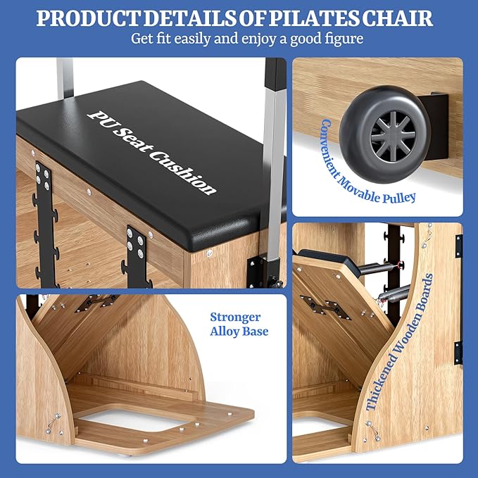 Pilates Chair Wunda Chair Pilates Combo Chair with Handles Split Pedals Reformer Machine for Yoga Core Training Rehabilitation Includes Non-Slip Socks (Wood Panel Bracket)