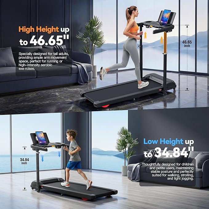 Treadmill with Desk Workstation & Adjustable Height, 450 lbs Weight Capacity, Folding Incline Treadmill with Handle Bar, Portable Ultra-Quiet 3.5HP Walking Pad Treadmill with Desktop for Home Office