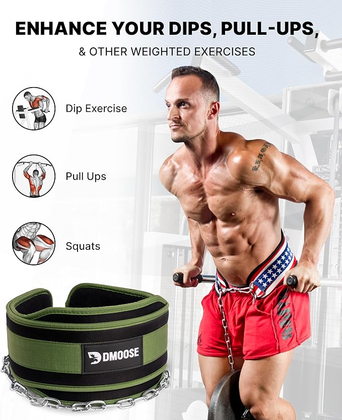 DMoose Fitness Dip Belt for Weight Lifting, Pullup, Squats & Dips - 36" Robust Steel Chain, Comfortable Neoprene Padding Supports 350lbs - Gym Weight Belt for Strength Training Workout & Weightlifting