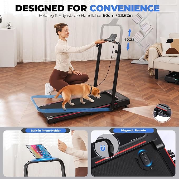 GORISE Walking Pad Treadmill with Adjustable Height Handle Bar and Incline, 3HP Quiet Foldable Under Desk Treadmill, Portable Treadmills for Home 350LBS with Remote Control LED Display