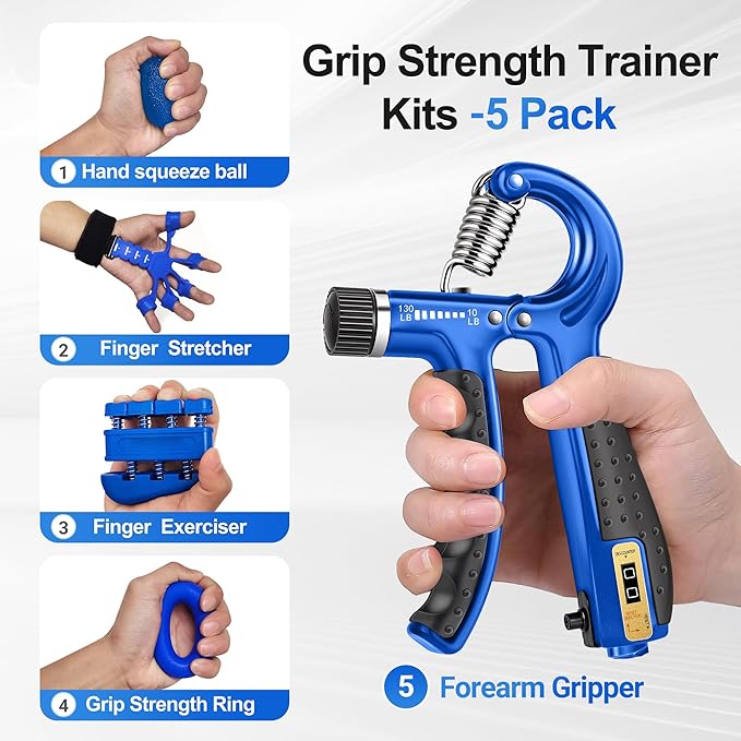 Grip Strength Trainer Kit (5 Pack) Adjustable Resistance Hand Gripper,Finger Exerciser,Hand Extension Exerciser,Stress Relief Ball and Forearm Workout Ring for Muscle Building Injury Recover