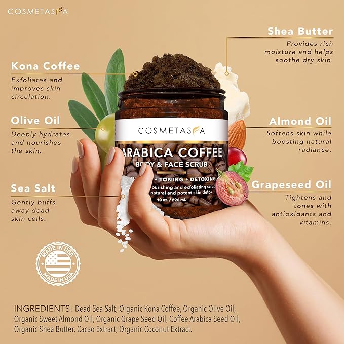 Cosmetasa Massage Oil Kit - Anti Cellulite Massage Oil with Organic Arabica Coffee Face & Body Scrub, Exfoliating Gloves, Massager Mitt - Body Massage Oil for Massage Therapy - Massage Oil Gift Set