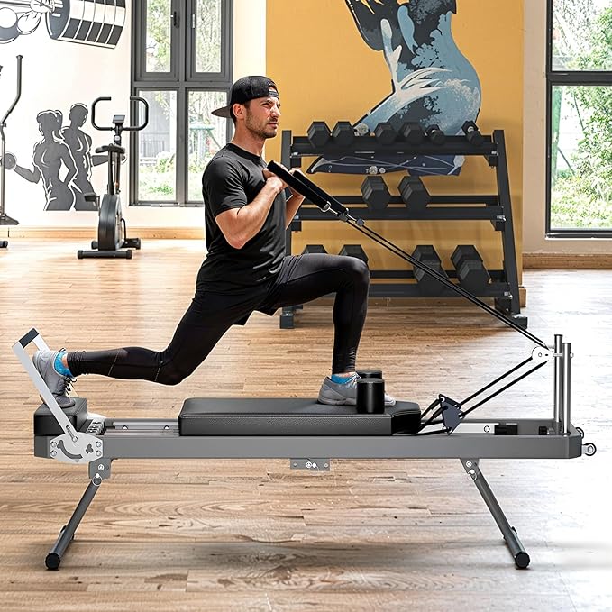 Beige Pilates Reformer, Foldable Pilates Machine for Home Gym Workout, Pilate Equipment with High Strength Alloy Springs for Beginners, Up to 330lbs