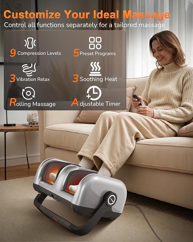 Shiatsu Foot Massager Machine with Heat : Deep Kneading Calf Massager with Vibration for Plantar Fasciitis, Neuropathy, Pain Relief, Circulation - for Home and Office Use