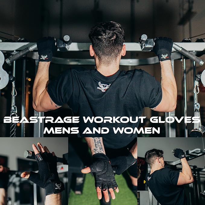 BEAST RAGE Workout Gloves for Men, Durable Palm Grip Gym Gloves Women Half Finger Elasticated Training Weight Lifting Strength Bodybuilding Anti Slip Cycling Gloves Exercise