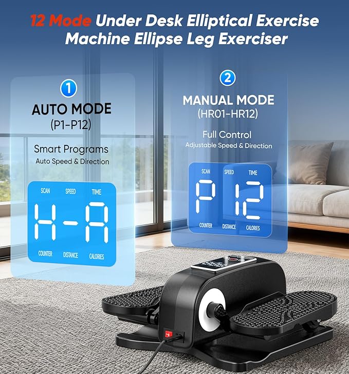 HOMGIM Under Desk Elliptical Machine - Quiet Motorized Leg Exerciser with Smart Remote, 12-Speed Manual Programs Auto/3 Auto Programs LCD Display & Bidirectional Motion for Home/Office (Blackish Gray)