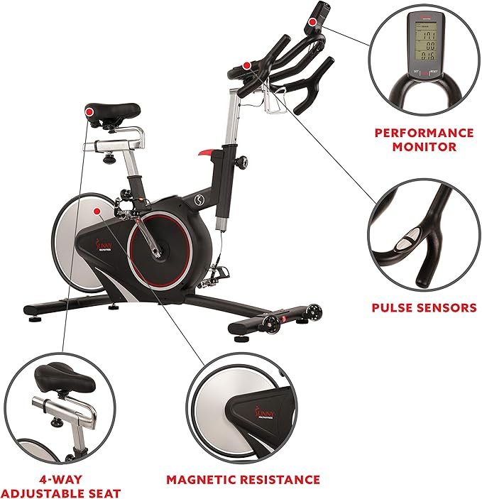 Sunny Health & Fitness Indoor Intensive Cycling Exercise Bike, Adjustable Cardio Training Exerciser w/Emergency Brake for Home, Optional Free SunnyFit App Bluetooth Link + Electromagnetic Resistance