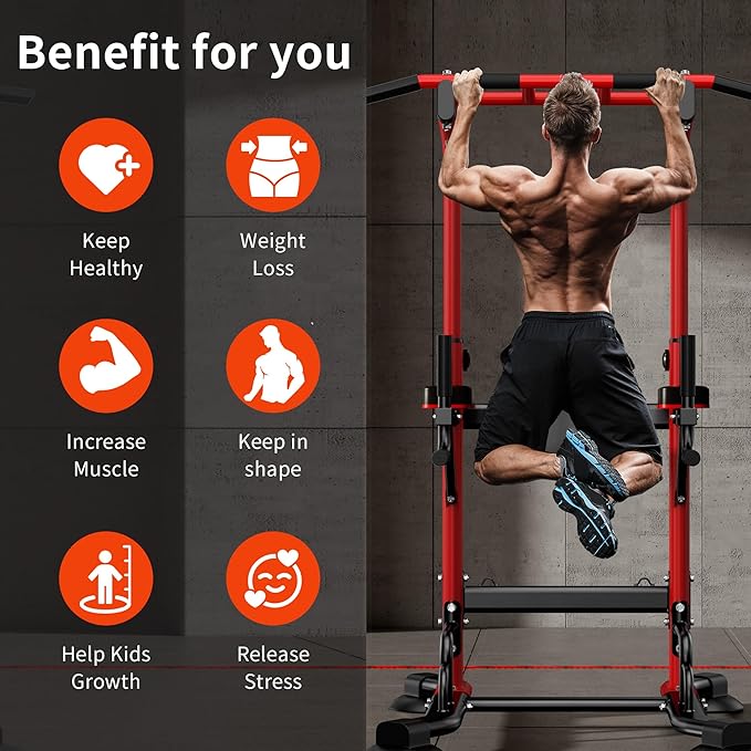 SogesHome Pull Up Bar and Dip Station, Heavy Duty 330LB Capacity Adjustable Home Gym Equipment for Strength Training, Multifunctional Push Up Bars for Arms, Back, Chest, Shoulders & Core Workout, Red