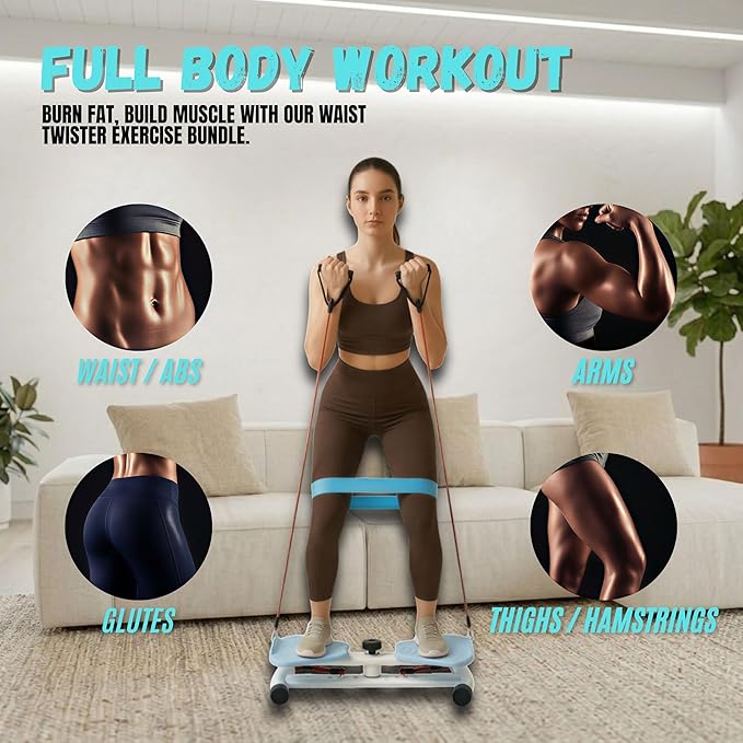 Ultra-Quiet Waist Twisting 5-in-1 Exercise Bundle - Ab Twister Board With 2 Resistance Bands, 1 Length Adjustable Jump Rope, an Automatic Waist Measuring Tool and Workout Guide - 300LB Capacity - Workout Bundle Perfect for Men and Women Looking for At-...